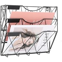 3 Tier Wall File Holder Organizer, Hanging File Organizer, Magazine Rack, Wall Mount Paper Folder Holder, with 5 Key Holder Hooks,Metal, Black