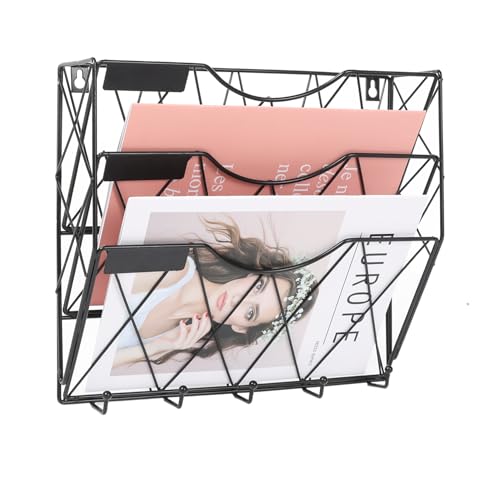 Karsbarwe 3 Tier Wall File Holder Organizer, Hanging File Organizer, Magazine Rack, Wall Mount Paper Folder ​Holder, ​with 5 Key Holder Hooks,Metal, Black