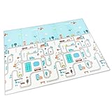La alfombra es reversible. Su dimensión es de 150x200x1 cm. Diseño divertido para estimular al bebe, en cada cara del playmat dispondrá de diferente estampado que le permitirá dar variedad a sus momentos de juego.