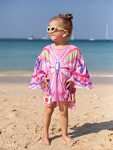 Soly Hux Toddler Girl's Butterfly Print Long Sleeve Swimsuit Cover Up Sheer Beach Dress Pink Butterfly 7Y #TOP4