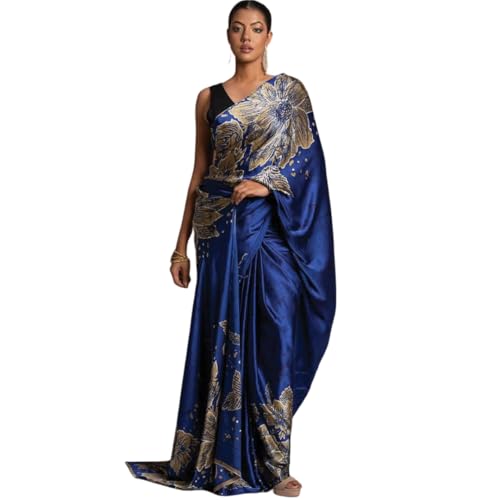Image of Japan Satin Floral Print Saree for Women with Blouse Piece - Satin Finish Draped Saree