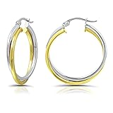 Hoops & Loops Yellow Gold Flash Sterling Silver Two-Tone Intertwining Square-Tube Polished Hoop...