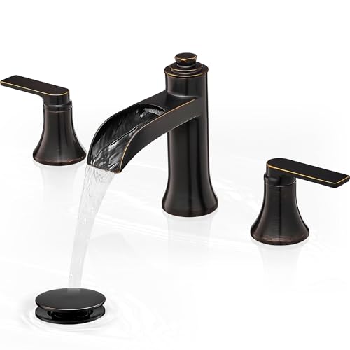 HEYMYTAP Waterfall Bathroom Faucets 3 Hole, 8 Inch Brass Oil Rubbed Bronze Bathroom Faucet, 2 Handles Bathroom Sink Faucet, Widespread Faucet for Bathroom Sink with Pop-up Drain & Hose by HEYMYTAP - Used condition - US$76.40