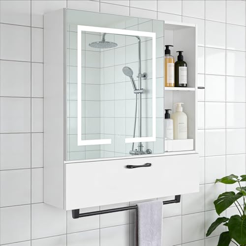 vellaniq LED Lighting with Socket and USB Bathroom Medicine Mirror Cabinet,Color Changing Anti Fog Light Strip,Equipped with Hair Dryer Rack and Towel Rack,Embedded or Wall Mounted,White - image 8