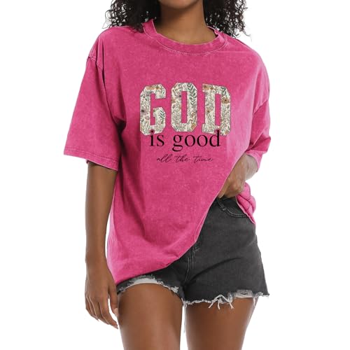 Image of Christian God is Good Shirts for Women Jesus Faith Religious T Shirts Floral Graphic Oversized Acid Washed Tee Tops