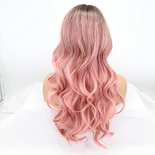 Xiweiya Wigs Ombre Orange Pink Wig with Air Bangs Hair Long Wavy Synthetic Straight Heat Resistant Fiber Wigs Middle Parting for Women Drag Queen Cosplay Makeup - Image 3