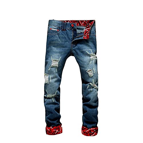 Men's Ripped Slim Fit Cozy Jeans Printed Pattern Biker Denim Pants Street Performance Classic Contrast Jean Trousers (Blue,38)