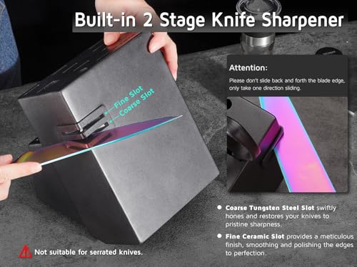 18-Slot Kitchen Knives Block, WELLSTAR Large Capacity Natural Wooden Knife Holder without Knives – Modern Hard Wood Counter-top Knife Storage with Built-in 2-Stage Knife Sharpener - Black