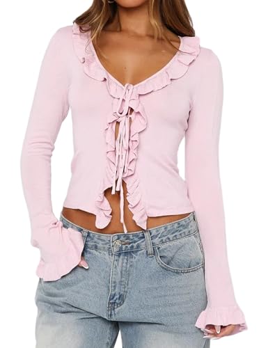 Womens Tie Front Bow Cardigan Sweaters Cute Long Bell Sleeve Knit Ruffle V Neck Fall Cropped Sweater Tops