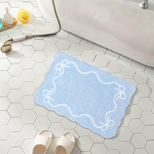 Mocsicka Blue Bow Bath Mat Cute Bow Bathroom Rug Super Soft Absorbent Bathroom Rugs Non Slip Bath Mat Machine Washable Rug for Bathrooms 16x24 inches (Blue, 40x60cm) by Mocsicka - Used condition - US$13.63
