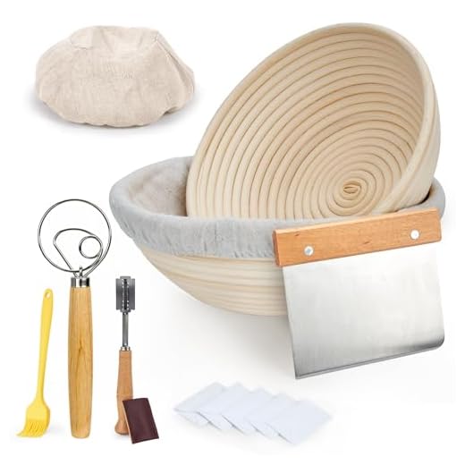 Cesta de Fermentación, Ohuhu 2 Piezas Cesta Pan, Redonda de 23 cm & 25 cm con batidor de masa, Cortador de Pan, 2 Tela de Lino, Raspador de Masa, Cepillo, y 5 Cuchillas, Cesta de Pan de Ratán Natural