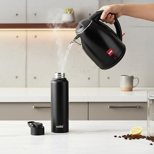 Image of CELLO Pluto Quick Boil Stainless Steel Electric Kettle 1.5L + Sippa Steel Water Bottle 1000ml Combo | Double Wall Cool Touch Outer Body, Auto-Shut Off Protection |Electric Kettle For Boiling Hot Water