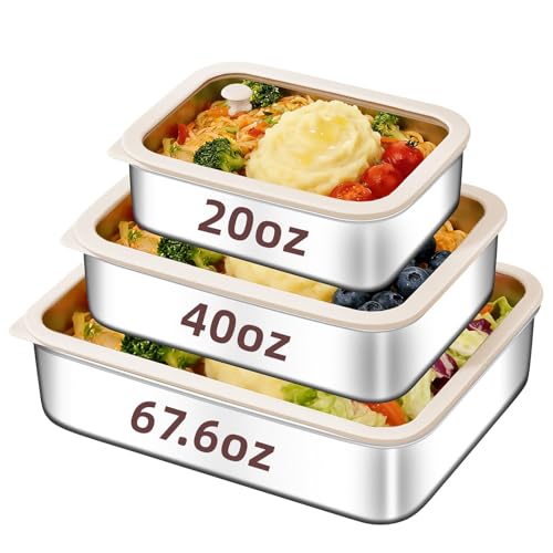 Image of GIUOIDUO 3-Piece Extra Thick 304 Stainless Steel Food Storage Containers with Non-Stick Bottom, Airtight Glass Lids & Silicone Seal, Stackable Kitchen Organization Boxes for Food Preservation