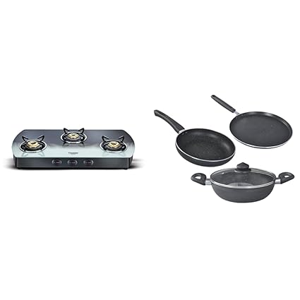 Prestige Premia Schott Glass 3 Burner Gas Stove, Manual Ignition, Multi-color + Prestige Omega Deluxe Granite 3 Pcs with 1 Glass Lid COMBO
