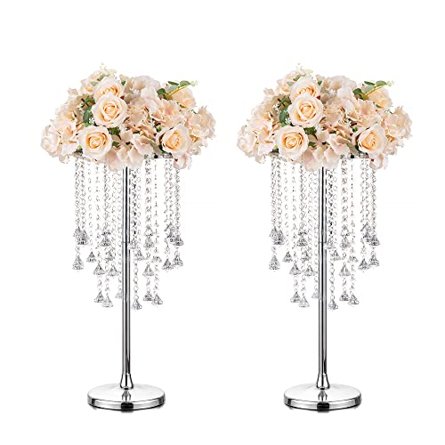 Inweder Blumenständer Hochzeit Tafelaufsätze für Tische - Inweder 2 Stück Metall Silber Vasen für mit Kronleuchter Kristalle 60cm hohe Vasen Tafelaufsatz für Empfang Party Event Wohnzimmer Deko Cover