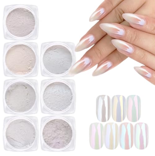 Image of 7 Colors Pearl Chrome Nail Powder Iridescent Aurora Powder Metallic Mirror Effect Glitter Powders Pearlescent Ice Transparent Mermaid Pigment Dust for Gel Polish Nail Art Decoration