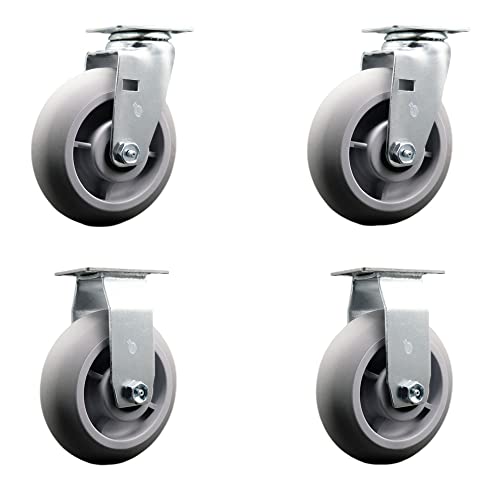 Swivel and Rigid Top Plate Caster Set – Gray 6 Inch by 2 Inch Thermoplastic Rubber Donut Tread Wheel–Roller Bearing–1,800 lbs. Total Capacity–Includes 2 Swivel and 2 Rigid Casters–Service Caster Brand