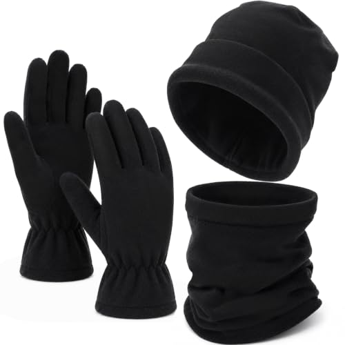 Ensemble Bonnet Écharpe Homme en Polaire – avec Gants, 3 pièces, Coupe-vent & Respirant, Chaud, Taille Unique Noir