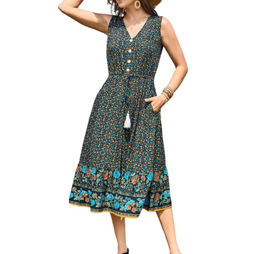 Image of BROVAVE Women Summer Bohemian Floral Print V Neck Sleeveless Sundress Flowy Casual Midi Dress