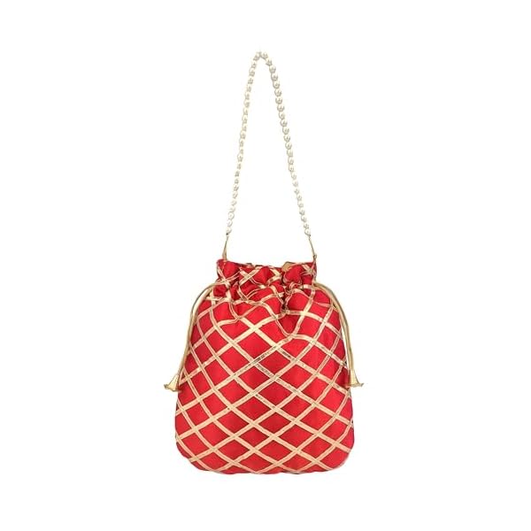 DUCHESS Women's Gota Patti Red Potli Bag Purse with Pearl Handle (Pack of 10) - Image 6