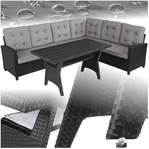 tectake® Gartenbank, Set mit Bank und Esstisch, Rattan Eckbank Outdoor Lounge, Sitzecke wetterfest als Gartenlounge, Balkon Möbel, Wintergarten, Terrasse - schwarz