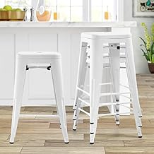 BLKMTY Metal Stools Set of 4, 24 Inch Counter Height Stackable Barstool for Outdoor Patio, Stackable Chairs for Home Kitchen Dining - Backless Indoor Bar Chair, White