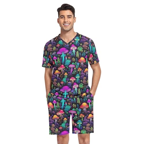 GAIREG Conjunto de pantalones cortos de pijama para hombre, estampado de hongos coloridos, cuello en V, ropa de dormir de verano con bolsillos, talla S, Colorful Mushrooms, Medium