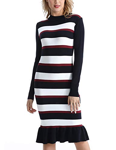Rocorose Women's Sweater Dress Mock Neck Slim Fit Ribbed Knit Striped Sweater Navy White Red S
