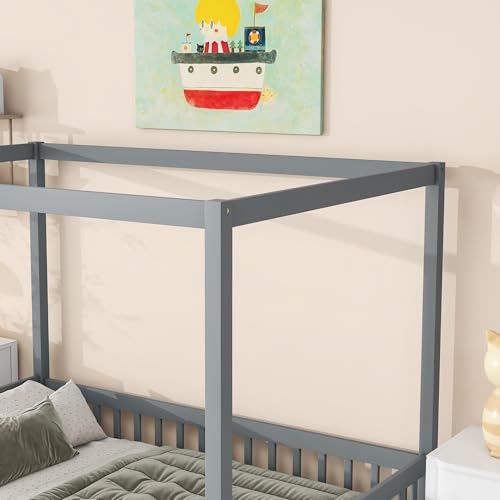 Image of Full Size 4-Posters Canopy Bed Frame with Fence Guardrails, Rubber Wood Montessori Floor Platform Bed for Kids Teens Girls Boys, No Box Spring Needed (Grey-02)