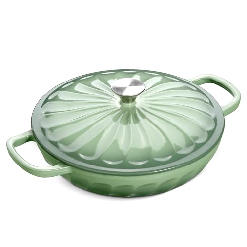 NSIRONS Enameled Cast Iron Dutch Oven 3.8 Quart Dutch Oven Pot with Lid Shallow Cast Iron Braiser with Handles Oven Safe up to 500F (Pistachio Green)