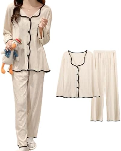 Women's Pajamas, Long Sleeve, Top and Bottom Set, Room Wear, Front Opening, Loungewear, V-Neck, Cute, Collar, Top, Long Pants, Thin, Casual, Sweat Absorbent, Quick Drying, Breathable