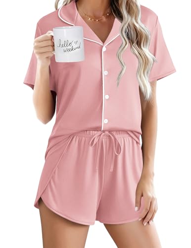 Image of Ekouaer Pajamas for Women Set Button Up Sleepwear 2 Piece Pjs Lounge Set Short Sleeve Nightwear