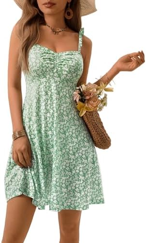 OURIN Women's Spring Sweetheart Neckline Tie Strap Summer Sundresses Sleeveless Mini Dress with Pockets, Green Floral, XS