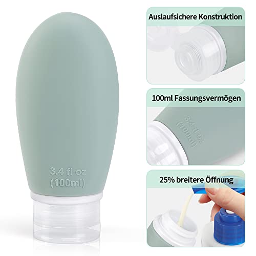 4 Stück 100ml Silikon Reiseflaschen Set mit Etiketten, Opret Auslaufsicher Nachfüllbare Leer Reisegröße Behälter Reiseflaschen zum befüllen Kosmetik Shampoo Flüssigkeiten, BPA-frei und TSA-Geprüft