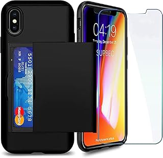 iPhone X/XS Case with Card Holder and[ Screen Protector Tempered Glass x2Pack] SUPBEC i Phone X Wallet Case Cover with Shockproof Silicone TPU + Anti-Scratch Hard PC - Full Protective-5.8"-Black