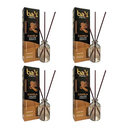 Pack de 4 Bali fragancias Ambientador Mikado CANELA Difusor con varillas de ratán para tu salón, comedor o cualquier estancia de tu hogar, fragancias seleccionadas, Aromaterapia, Perfumado (30 ml)