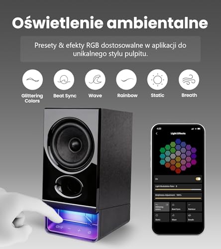 Edifier R20BT głośniki komputerowe USB, sterowniki pełnego zakresu 2,75", Bluetooth 6.0, sterowanie dotykowe, wejście AUX, oświetlenie i profile dźwięku konfigurowalne w aplikacji – Czarny