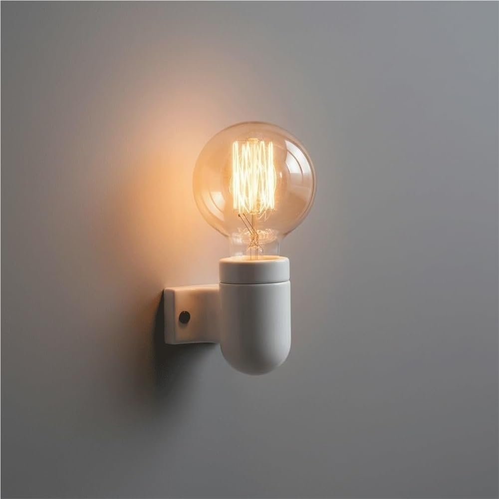LYOUAE Minimalist Ceramic Wall Sconce Vintage Industrial E26 E27 Base Bulb Holder Glazed Porcelain Hardwired Wall Mounted Lamp for Bedroom Living Room Hallway(White)