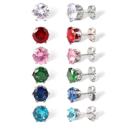 YUFFQOPC 6 Pairs Women's Hypoallergenic Silver Cubic Zirconia Stud Earrings 8MM Mini Cartilage Sleeper Studs (Coloured Diamond Earrings)
