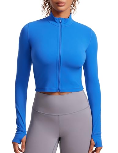 Image of CRZ YOGA Butterluxe Cropped Athletic Jackets | Extremely Soft, Slim Fit, Full Zip, Mockneck, Thumb Holes, for Women