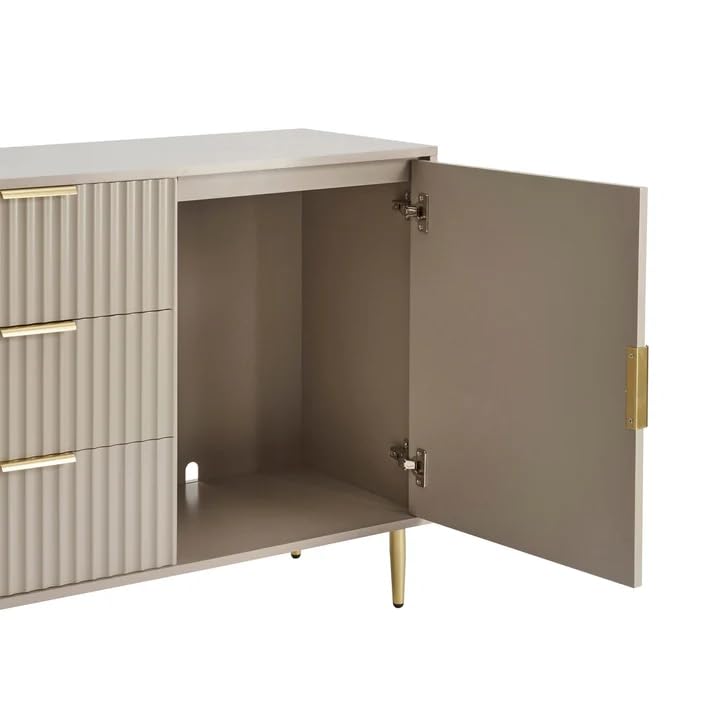 Image of Wooden Sideboard Cabinet for Living Room with 3 Drawers & 2 Doors Storage for Dining, Drawing and Home Office | HDMR Premium Wood & Iron | 58 x 15.74 x 30.70 Inch | Taupe & Golden