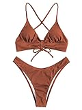 Picture of ZAFUL Women's Sexy Brazilian Triangle String Bikini Set Ribbed Lace Up Two Piece Swimsuit Padded High Cut Cinched Bathing Suit Coffee S
