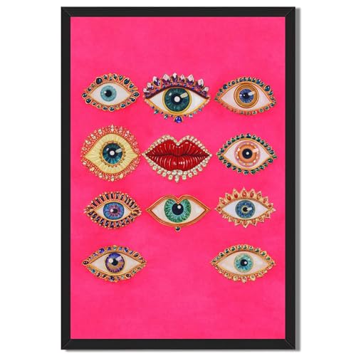 Colorful Eye and Lip Art Print on Pink Background, Glamorous