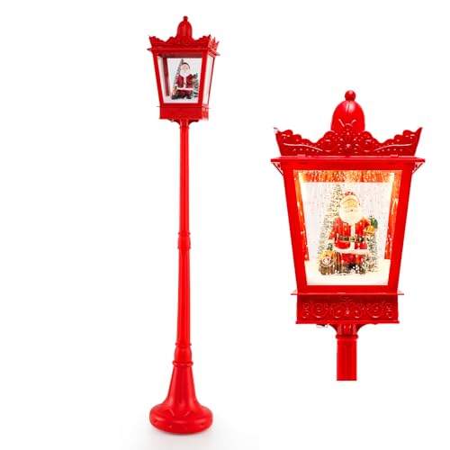 COSTWAY Christmas Street Lamp, Musical Festive Lamp Post with LED Lights, Snowy Effects and Santa Scene, Snowing Santa Lamp for Home, Doorway and Porch (188cm, Lantern Shaped, Red)