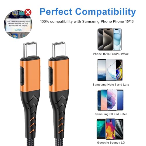 Image of Durcord USB C to USB C Cable, 2Pack 100W 6ft USB C Charger Cable Fast Charging for Android /Phone /Pad, Type C to Type C Charger Braided USB Cable Compatible with iPhone 16 /15 Pro Plus Max Orange