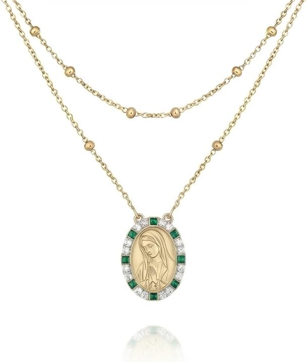 14K Gold Plated Virgin Mary Necklace for Women, Layered Blessed Mother Necklace with CZ Cross & Ruby Accents, Miraculous Medal Gold Marian Charm Beaded Chain Christian Jewelry Gift for Her