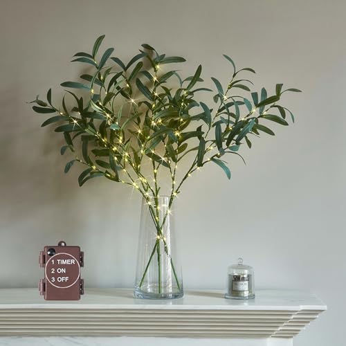 LITBLOOM Lighted Olive Branches 24IN 72 LED with Timer Battery Operated Lit Artificial Greenery for Wedding Party Spring Home Decoration Indoor Outdoor