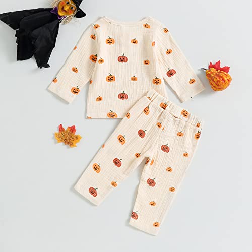 Baby Girl Boy Fall Clothes Linen Long Sleeve Top And Pants Pumpkin Outfit Set Baby Halloween Costumes (Beige, 6-12 Months) #TOP6