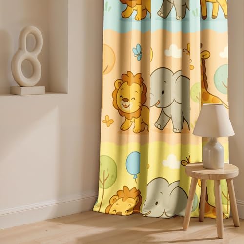 Image of Ultimate Trends Light Filtering Kids Curtain | Fairy, Dragon Castle, Safari & Jungle Animal Prints | for Kids Room Doors and Window | 6 FEET Pack of 2 |Savannah Pastel