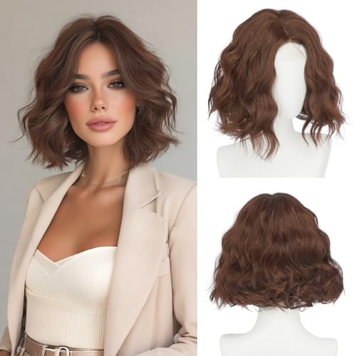 Haloo Brown Bob Wig for Women Lace Front Hairline Short Soft Wavy Curly Natural Looking Middle Part Synthetic Hair Wigs for Daily Party, 11 Inch Reddish Brown